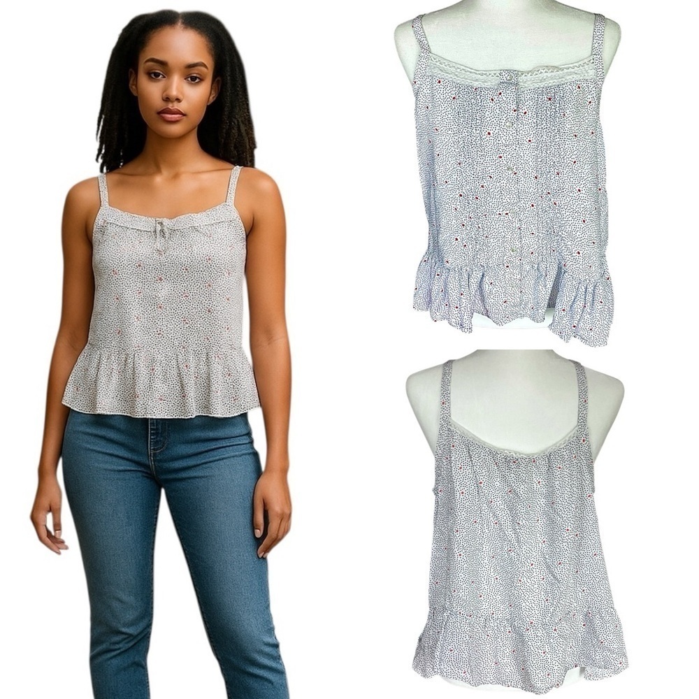 Lucky Brand Blue & Red Polka Dot on White Lace Trim Cotton Tank Top Size Large - Picture 16 of 16